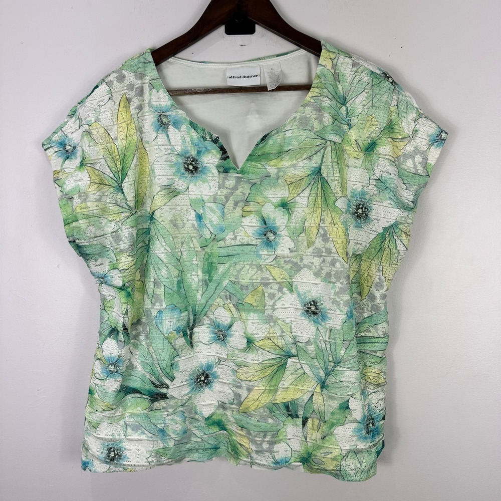 Alfred Dunner Short Sleeve Floral‎ Top Womens XL Green V Neck Whimsical Fairy